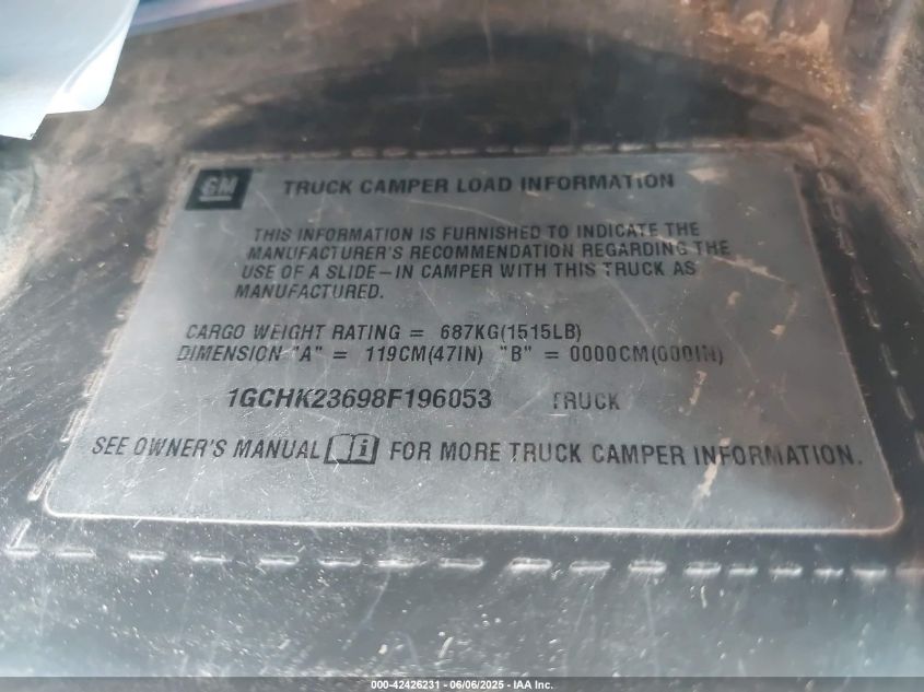 2008 Chevrolet Silverado 2500Hd Ltz VIN: 1GCHK23698F196053 Lot: 42426231
