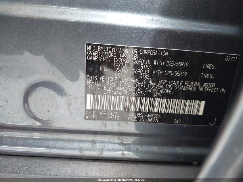 2021 TOYOTA VENZA VIN: JTEAAAAH0MJ066216