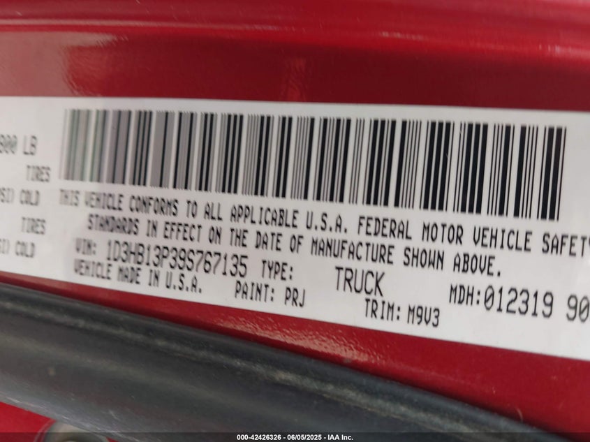 2009 Dodge Ram 1500 Slt/Sport/Trx VIN: 1D3HB13P39S767135 Lot: 42426326