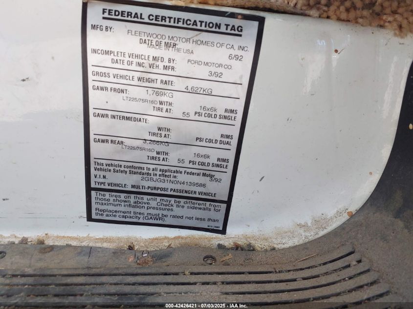 1992 Chevrolet G30 VIN: 2GBJG31N0N4139586 Lot: 42426421