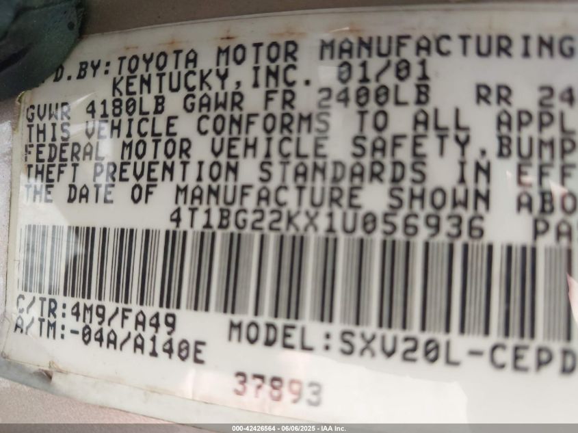 2001 Toyota Camry Ce VIN: 4T1BG22KX1U056936 Lot: 42426564