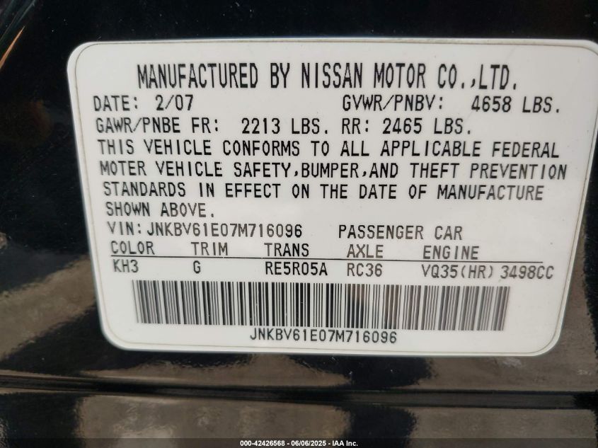 2007 Infiniti G35 Journey VIN: JNKBV61E07M716096 Lot: 42426568