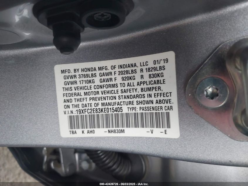 2019 Honda Civic Sport VIN: 19XFC2E83KE015405 Lot: 42426726