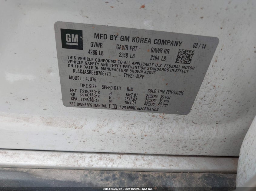2014 BUICK ENCORE VIN: KL4CJASB5EB706773