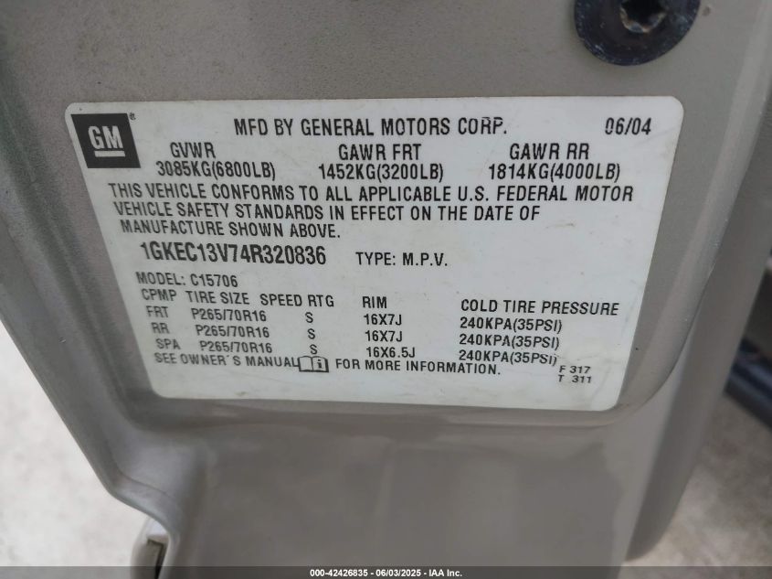 2004 GMC Yukon Sle VIN: 1GKEC13V74R320836 Lot: 42426835