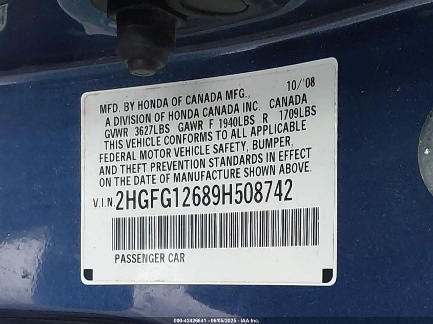 2009 Honda Civic Lx VIN: 2HGFG12689H508742 Lot: 42426841