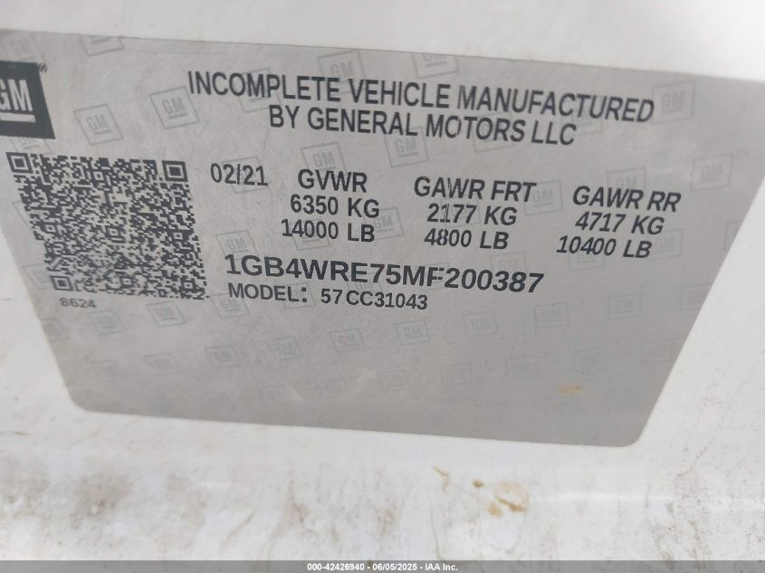 2021 Chevrolet Silverado 3500Hd Chassis Work Truck VIN: 1GB4WRE75MF200387 Lot: 42426940
