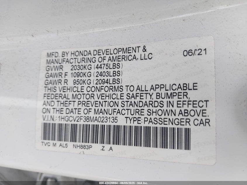 2021 HONDA ACCORD VIN: 1HGCV2F38MA023135