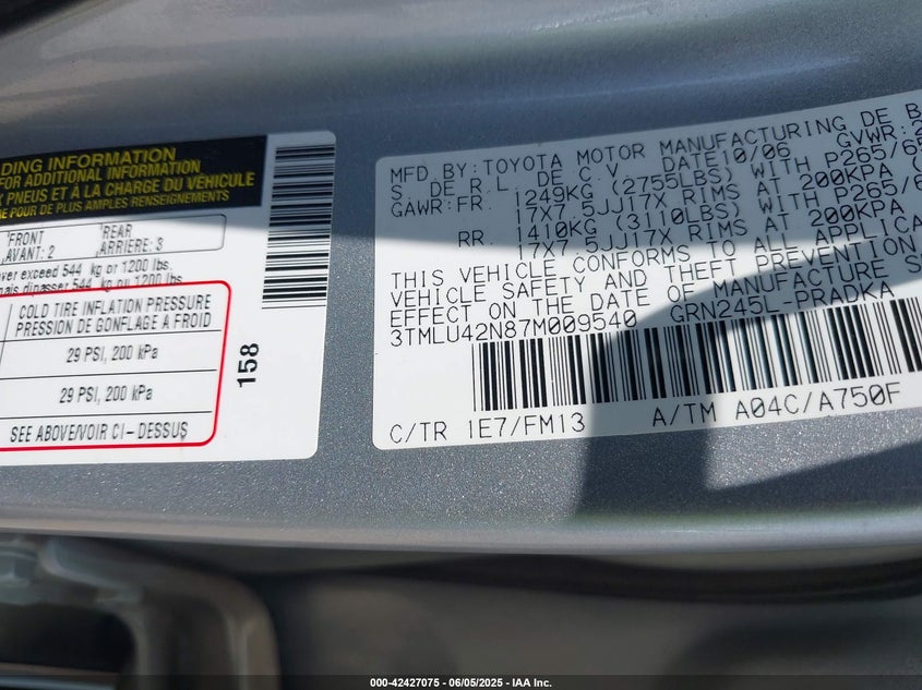 2007 TOYOTA TACOMA VIN: 3TMLU42N87M009540