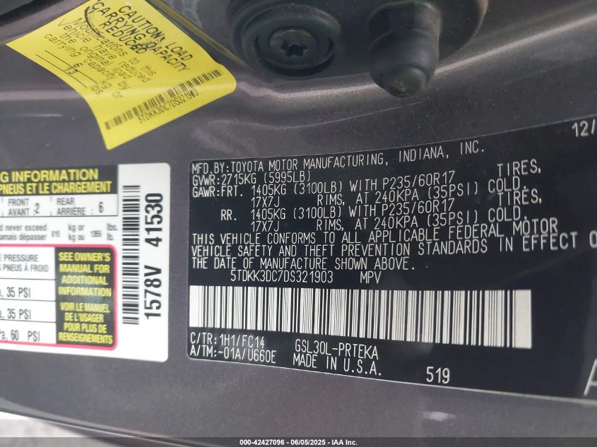 2013 Toyota Sienna Le V6 8 Passenger VIN: 5TDKK3DC7DS321903 Lot: 42427096