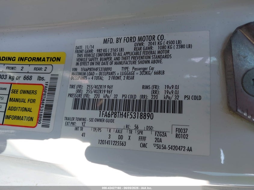 2015 FORD MUSTANG VIN: 1FA6P8TH4F5318890