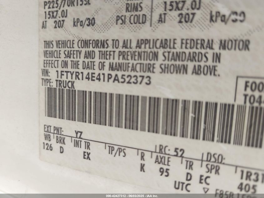 2001 Ford Ranger Edge/Xlt VIN: 1FTYR14E41PA52373 Lot: 42427312