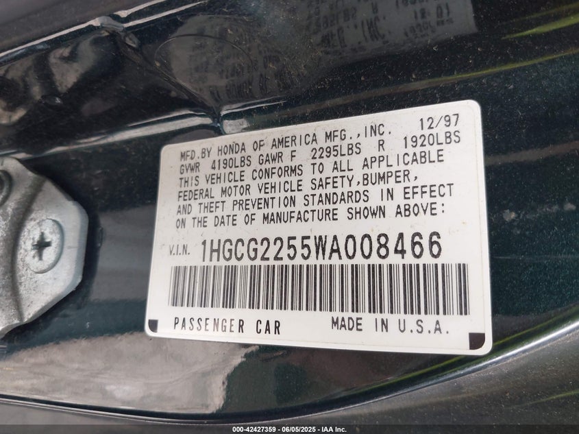 1998 Honda Accord Ex V6 VIN: 1HGCG2255WA008846 Lot: 42427359