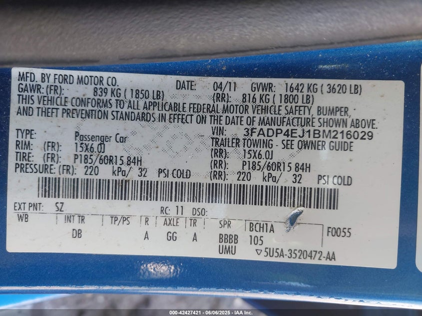 2011 FORD FIESTA VIN: 3FADP4EJ1BM216029