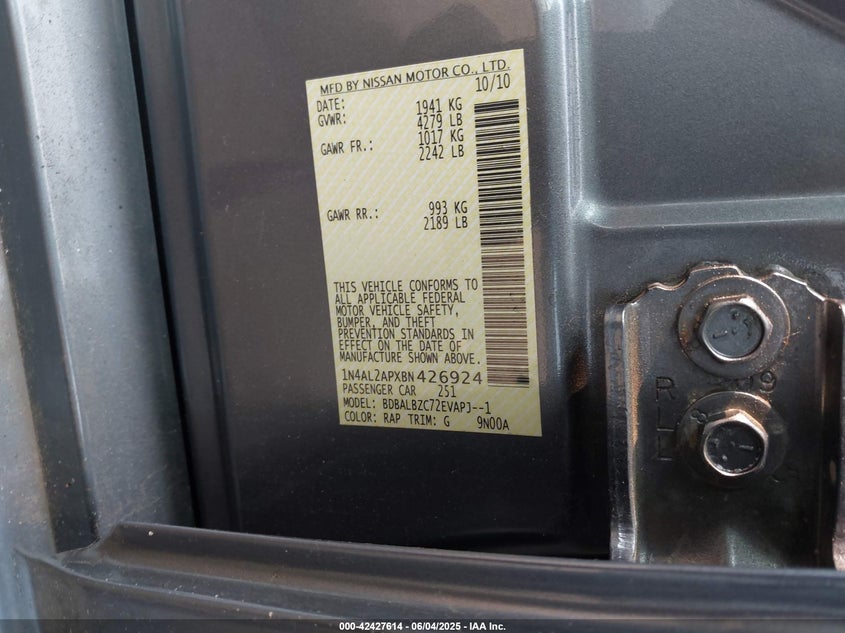 2011 NISSAN ALTIMA VIN: 1N4AL2APXBN426924
