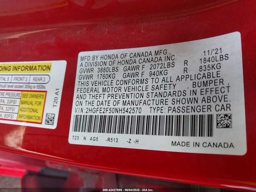 VIN 2HGFE2F50NH542570 2022 HONDA CIVIC SPORT