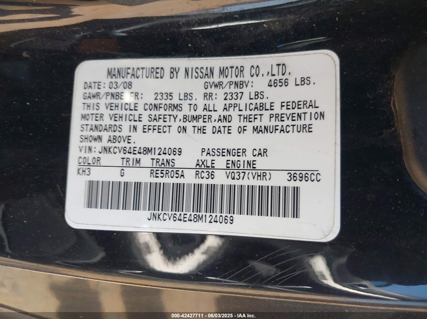 2008 INFINITI G37 VIN: JNKCV64E48M124069