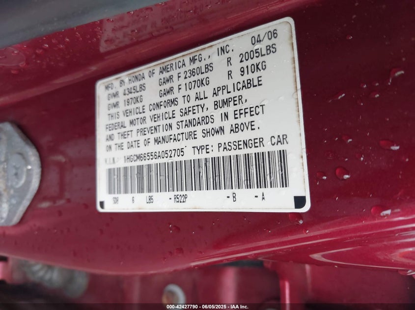 2006 Honda Accord 3.0 Ex VIN: 1HGCM66556A052705 Lot: 42427790