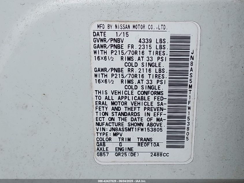 2015 Nissan Rogue Select S VIN: JN8AS5MT1FW153805 Lot: 42427829