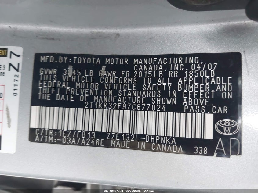 2007 TOYOTA MATRIX VIN: 2T1KR32E97C677024
