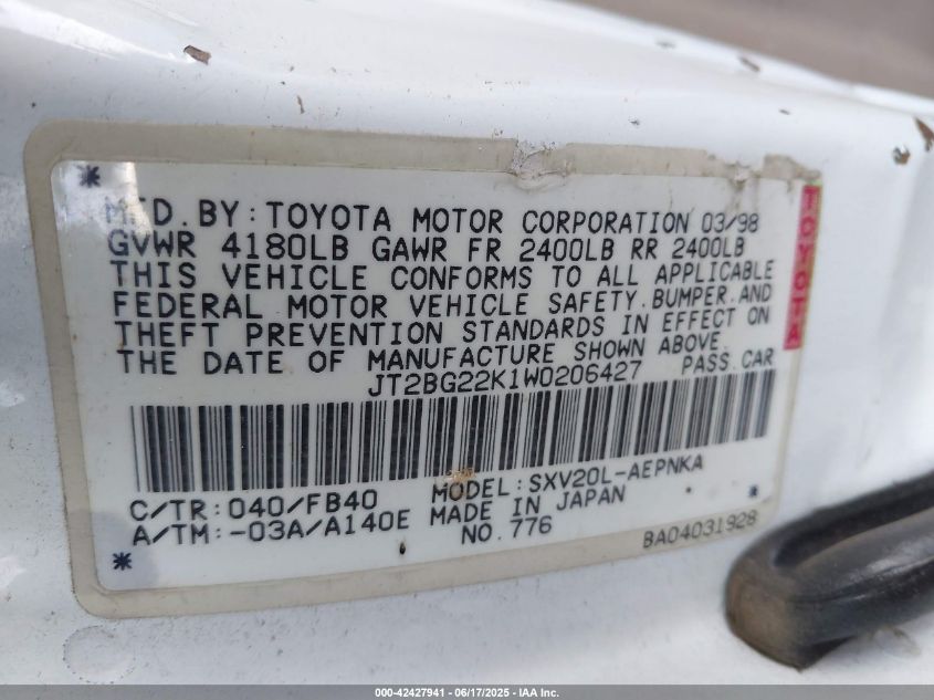 1998 Toyota Camry Le VIN: JT2BG22K1W0206427 Lot: 42427941