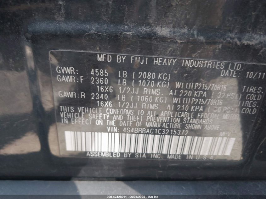 2012 Subaru Outback 2.5I VIN: 4S4BRBAC1C3215372 Lot: 42428011