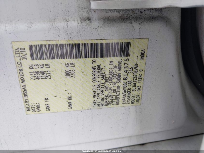 2011 Nissan Maxima 3.5 Sv VIN: 1N4AA5AP0BC814375 Lot: 42428110