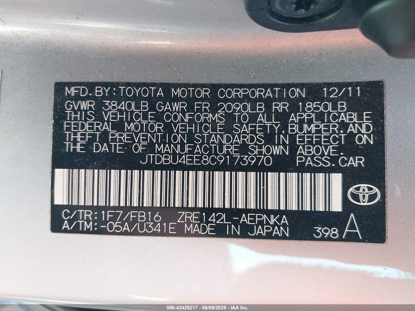 2012 TOYOTA COROLLA VIN: JTDBU4EE8C9173970