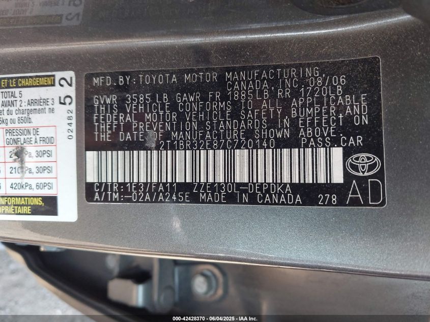 2007 Toyota Corolla Ce VIN: 2T1BR32E87C720140 Lot: 42428370