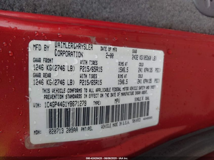 2000 Chrysler Town & Country Lx VIN: 1C4GP44G1YB671279 Lot: 42428428