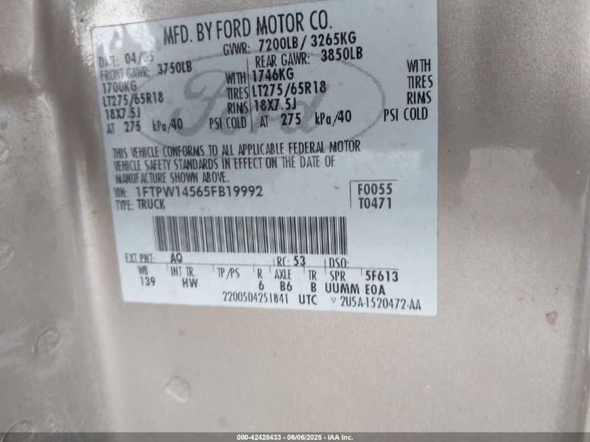 2005 Ford F-150 Fx4/Lariat/Xlt VIN: 1FTPW14565FB19992 Lot: 42428433