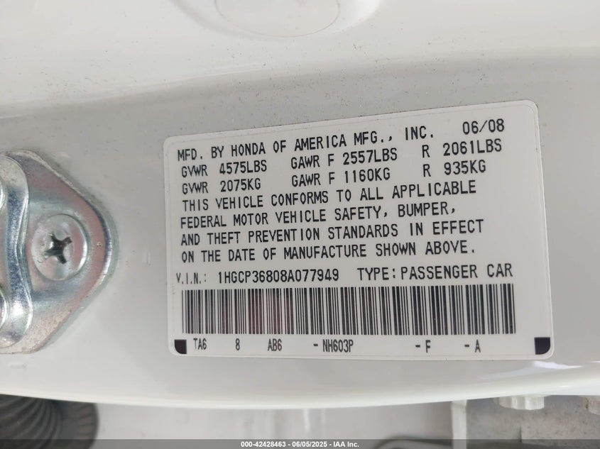 2008 HONDA ACCORD VIN: 1HGCP36808A077949