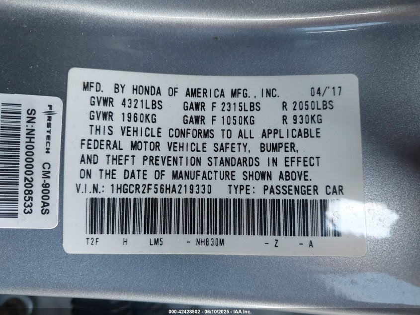 2017 HONDA ACCORD VIN: 1HGCR2F56HA219330