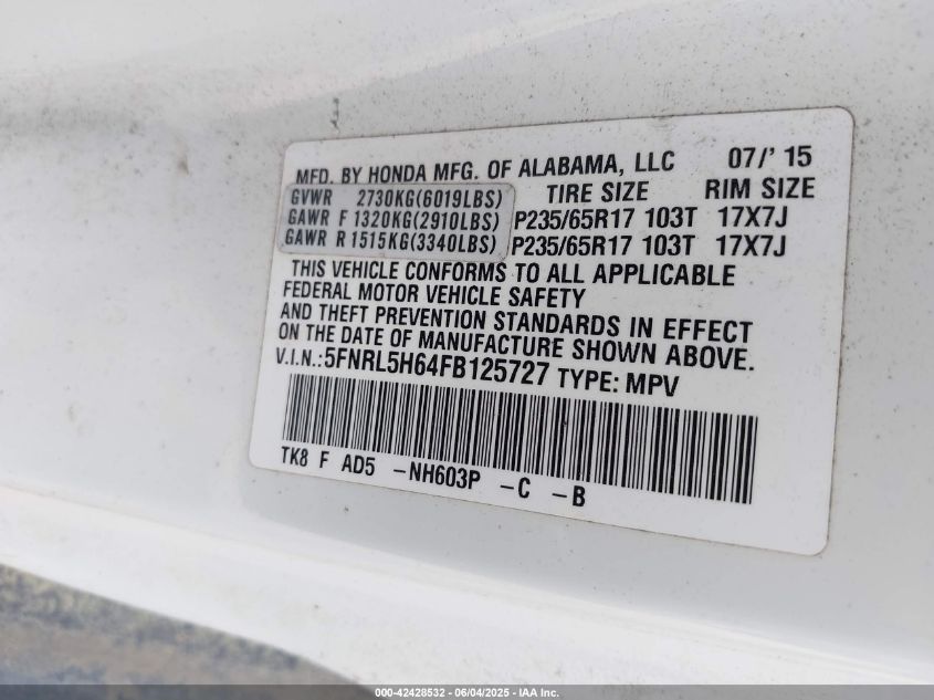 2015 Honda Odyssey Ex-L VIN: 5FNRL5H64FB125727 Lot: 42428532