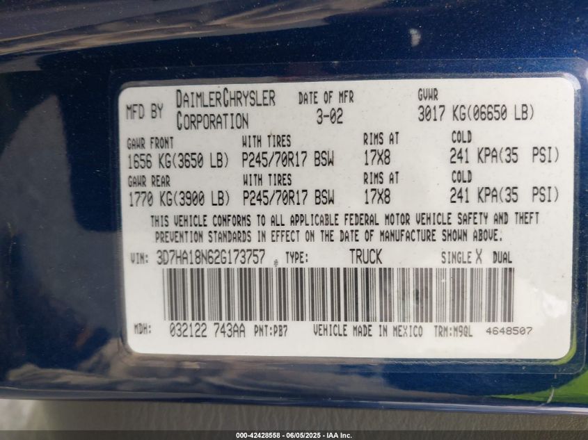 2002 Dodge Ram 1500 St VIN: 3D7HA18N62G173757 Lot: 42428558