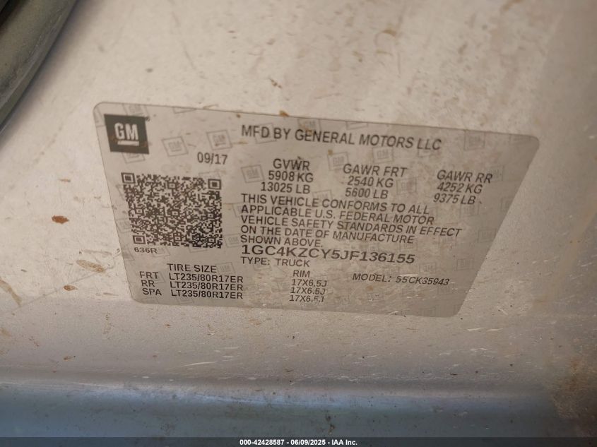 2018 Chevrolet Silverado 3500Hd Lt VIN: 1GC4KZCY5JF136155 Lot: 42428587