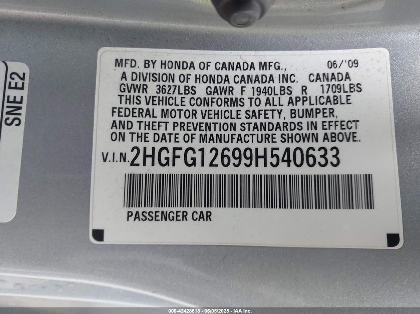2009 HONDA CIVIC VIN: 2HGFG12699H540633