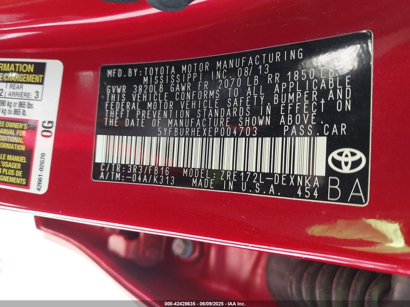2014 TOYOTA COROLLA VIN: 5YFBURHEXEP004703