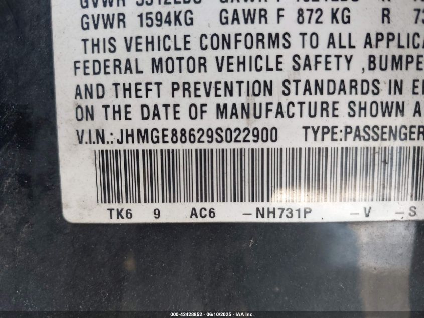 2009 Honda Fit Sport VIN: JHMGE88629S022900 Lot: 42428852