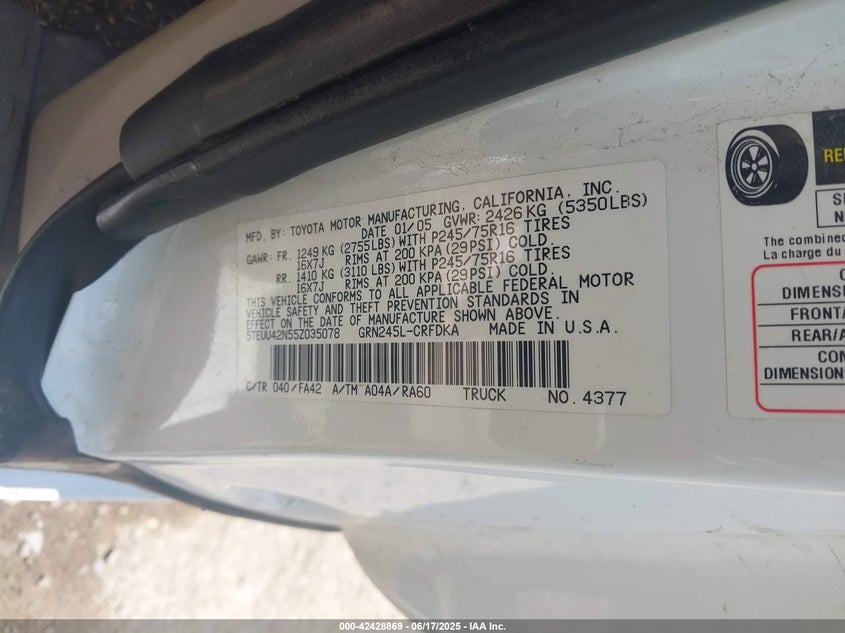 2005 Toyota Tacoma Base V6 VIN: 5TEUU42N55Z035078 Lot: 42428869