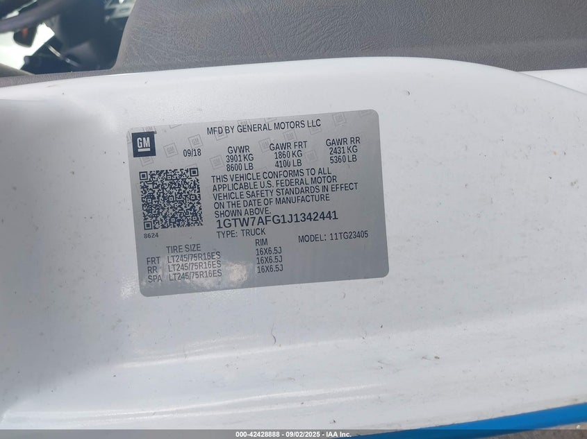 2018 GMC Savana 2500 Work Van VIN: 1GTW7AFG1J1342441 Lot: 42428888