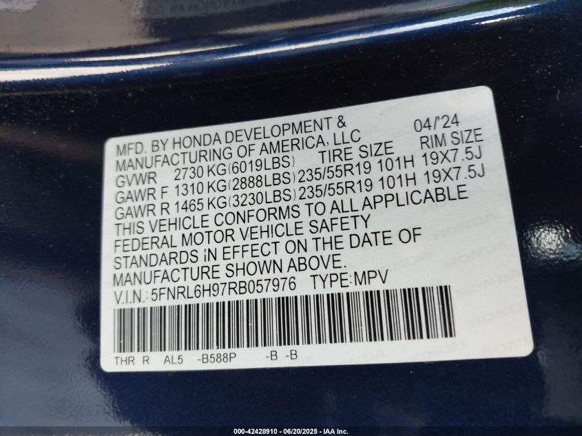 2024 Honda Odyssey - 5FNRL6H97RB057976