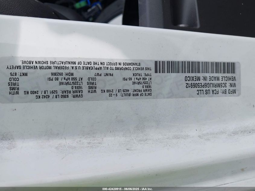 2023 Ram Promaster 3500 Cargo Van High Roof 159 Wb Ext VIN: 3C6MRVJG6PE506912 Lot: 42428915