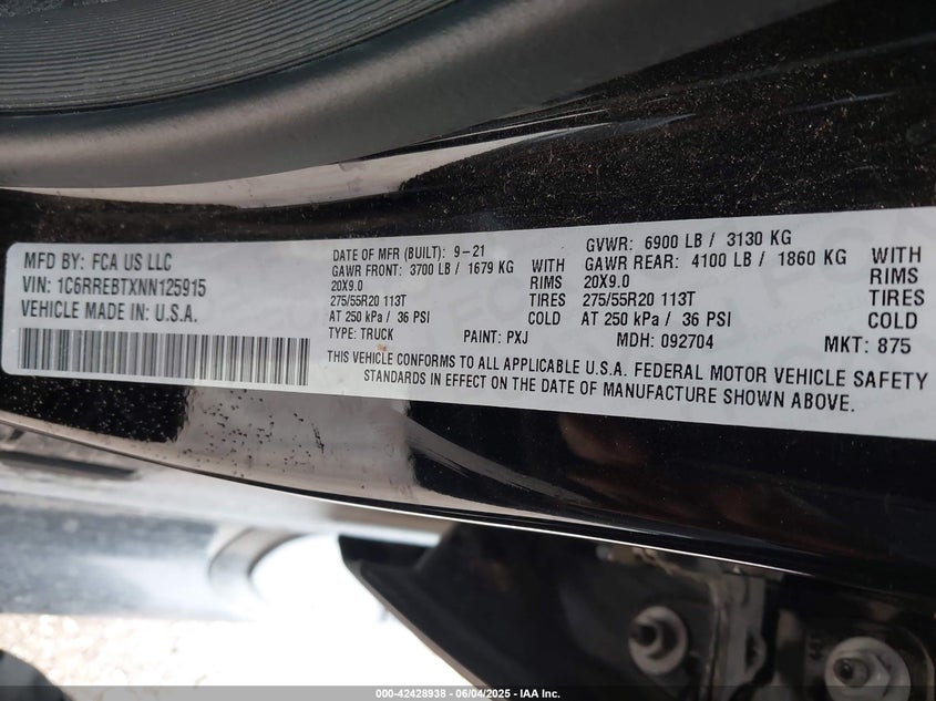 2022 RAM 1500 5.7L V-8 VVT, 395HP(VIN: 1C6RREBTXNN125915
