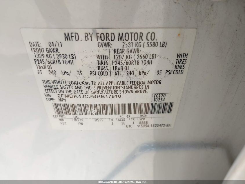 2011 Ford Edge Sel VIN: 2FMDK4JC3BBB17810 Lot: 42429040