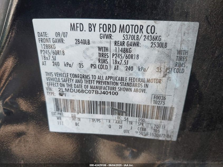 2007 Lincoln Mkx VIN: 2LMDU68C07BJ40100 Lot: 42429186