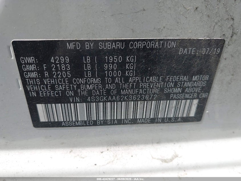 2019 SUBARU IMPREZA 2.0I - 4S3GKAA62K3623672