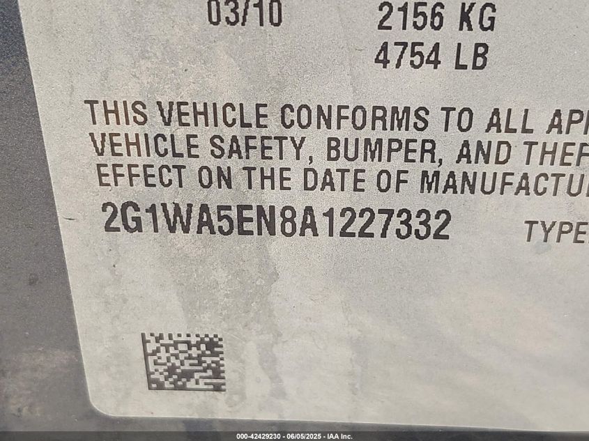 2010 Chevrolet Impala Ls VIN: 2G1WA5EN8A1227332 Lot: 42429230