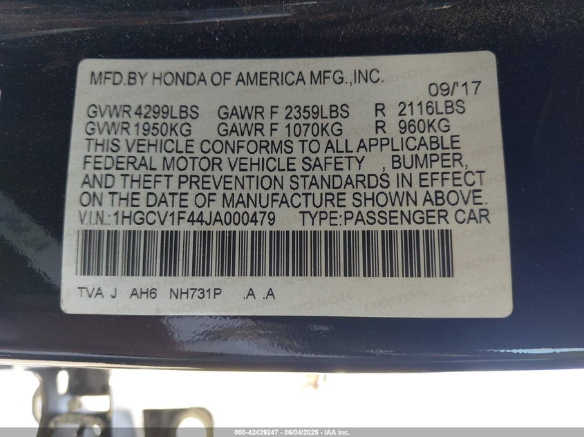 2018 HONDA ACCORD VIN: 1HGCV1F44JA000479