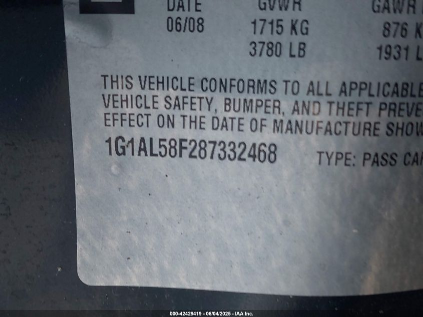 2008 Chevrolet Cobalt Lt VIN: 1G1AL58F287332468 Lot: 42429419